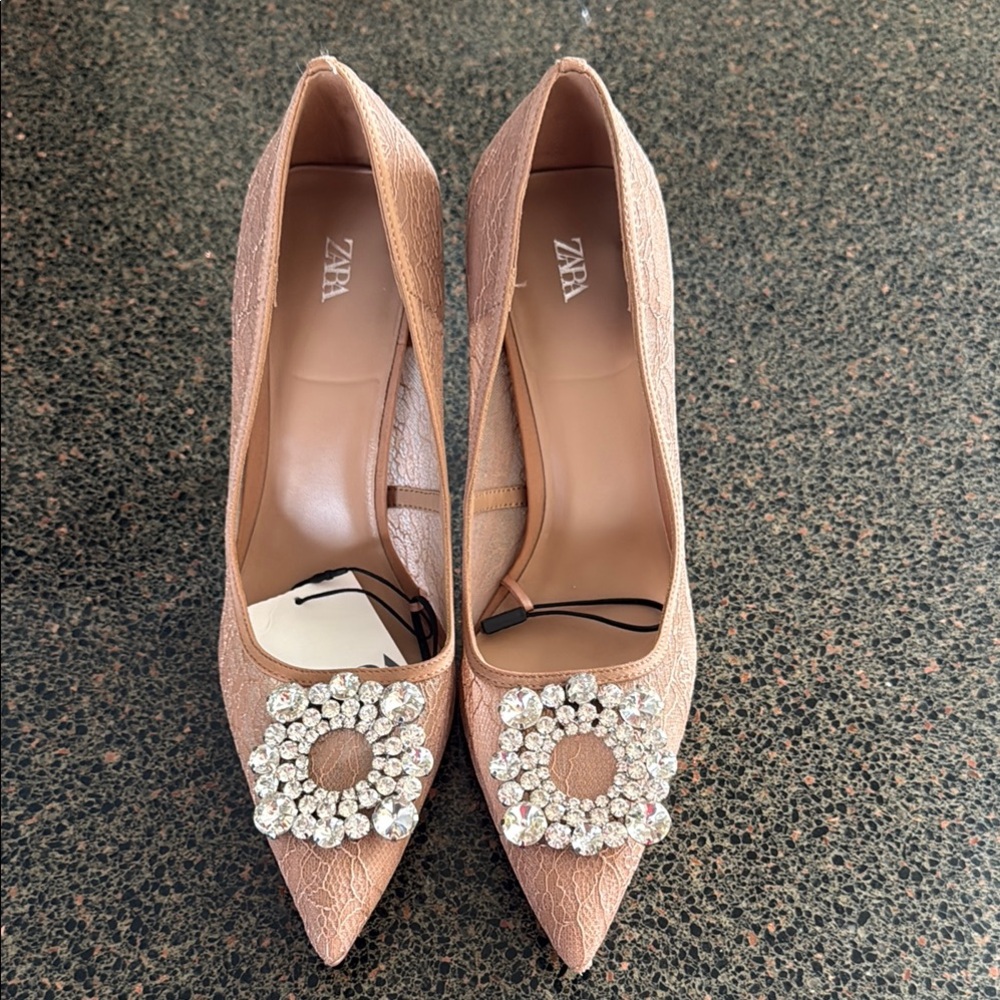 Zara Tan Heels with Pointed Toe and Embellishments Size 41